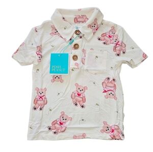 Posh Peanut Kids Polo with Teddy Bear Print  White and Pink Size 2T